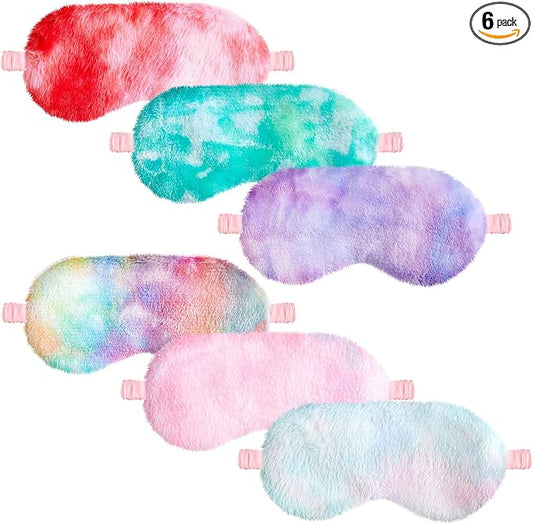 Cuffbow 6 Pcs Plush Sleep Eye Mask Silk Furry Eye Covers for Sleeping Cute Sleep Mask Fluffy Comfortable Sleeping Blindfold for Travel Sleepover Nap Party Supply Women(Tie Dye,Colorful)