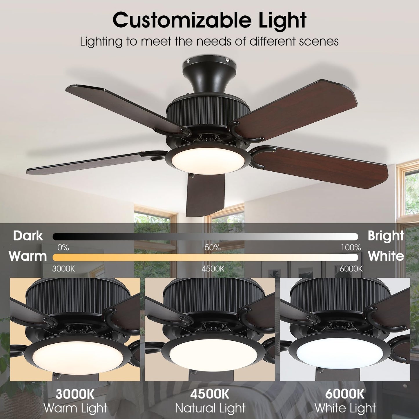 Surtime 44In Flush Mount Ceiling Fans with Lights and APP&Remote Control,Farmhouse Low Profile Ceiling Fan for Indoor/Outdoor,3CCT Dimmable,5 Reversible Double-Sided Blades（Black）