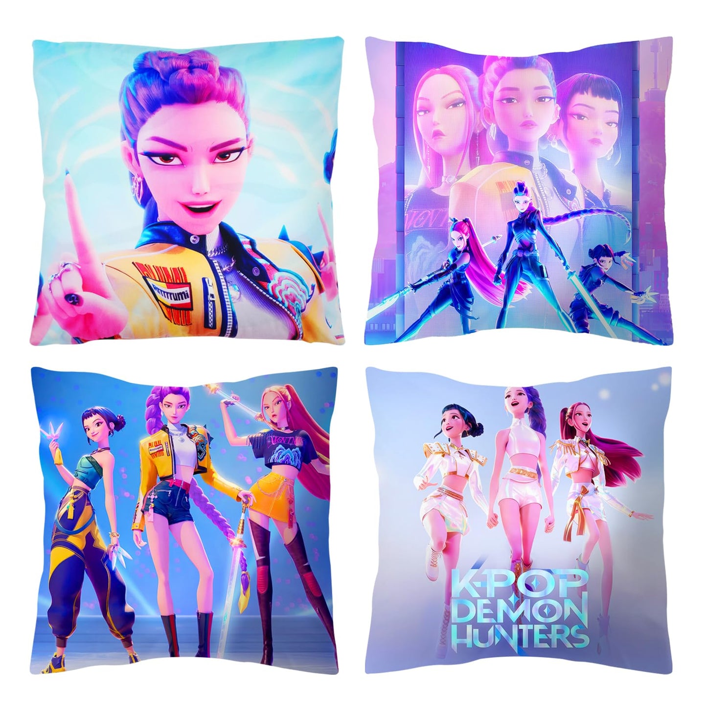 4Pack Demon Hunters Pillow Covers, 18" x 18" 4 Unique Designs, Soft Polyester, Decorative Pillowcases for Home, Fans, Gifts