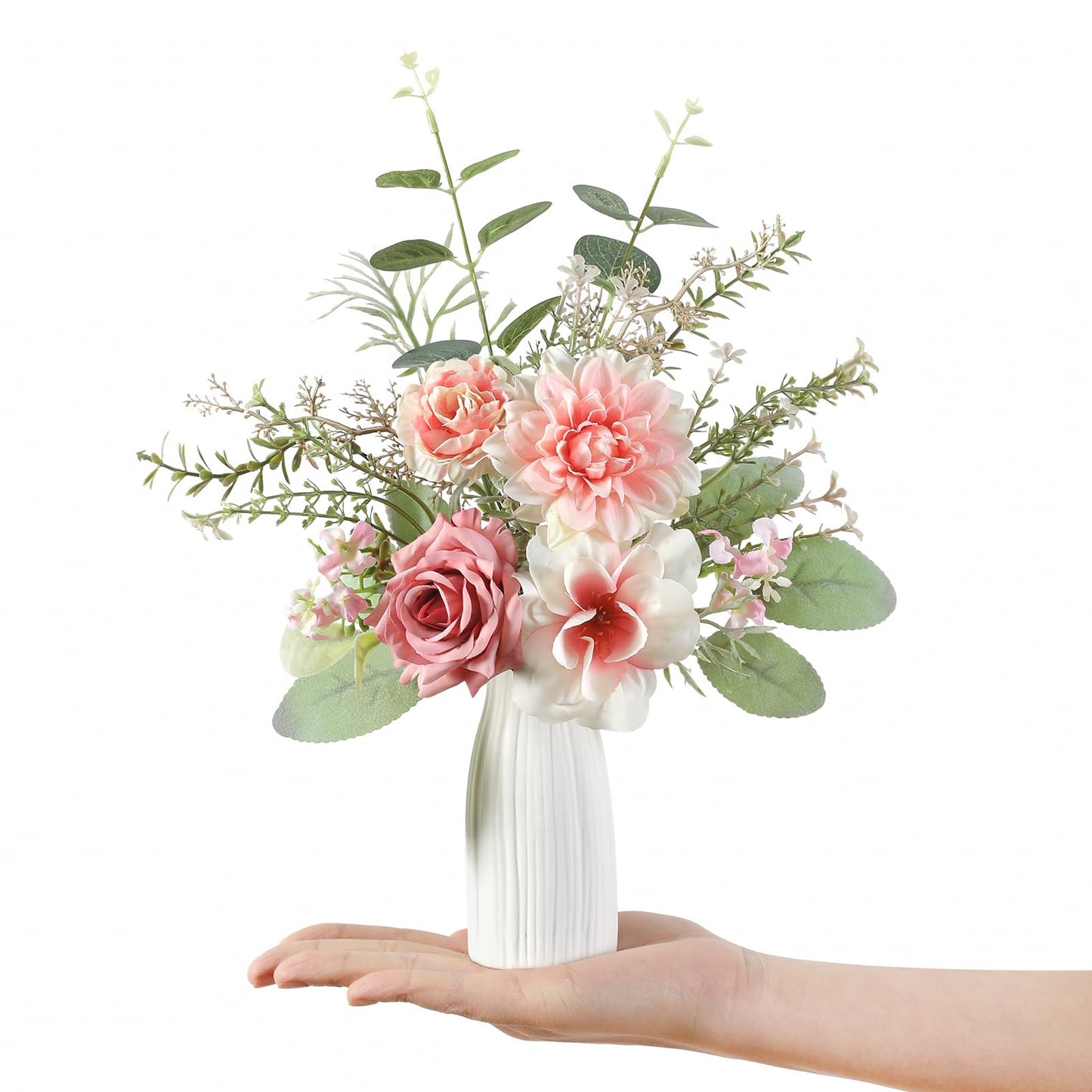 GAATEEK Small 11" Artificial Flowers in Ceramic Vase - Pink Silk Flower Centerpiece for Dining Table, Office, Wedding & Farmhouse, Home Decor Gifts