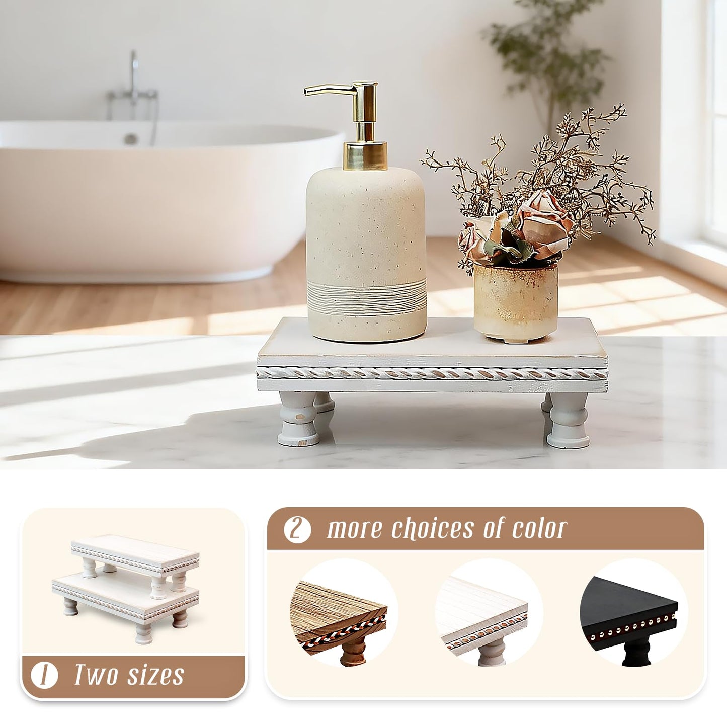 SAOCAIHUL Wood Tray Pedestal Stand, Waterproof Bathroom Counter Organizer, Modern Farmhouse Riser for Soap/Candle/Sponge White Middle