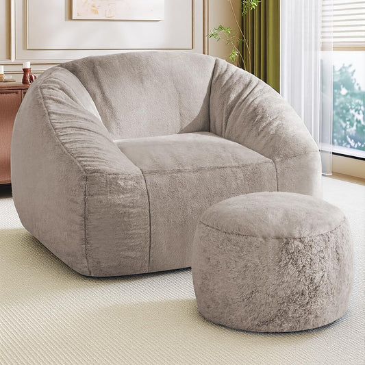 lilanoon Bean Bag Chairs with Ottoman for Adults, Comfy Beanbag Chair with High-Resilience Foam, Oversized Bean Bag Sofa with Soft Faux Fur Fabric, Bean Bag Chair for Living Room,Bedroom,Khaki