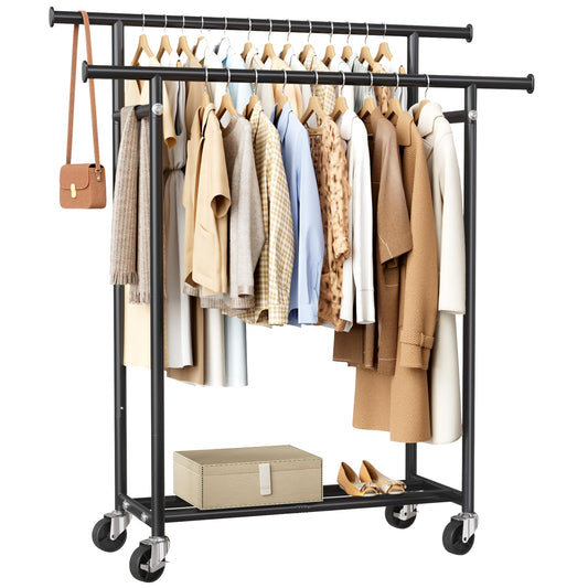 HYSEYY Clothes Rack, Double Rods Rolling Clothing Rack for Hanging Clothes, Portable Garment Rack with Wheels, Coat Rack Wardrobe Closet Load 240 LBS for Bedroom Laundry Room (Black, L)