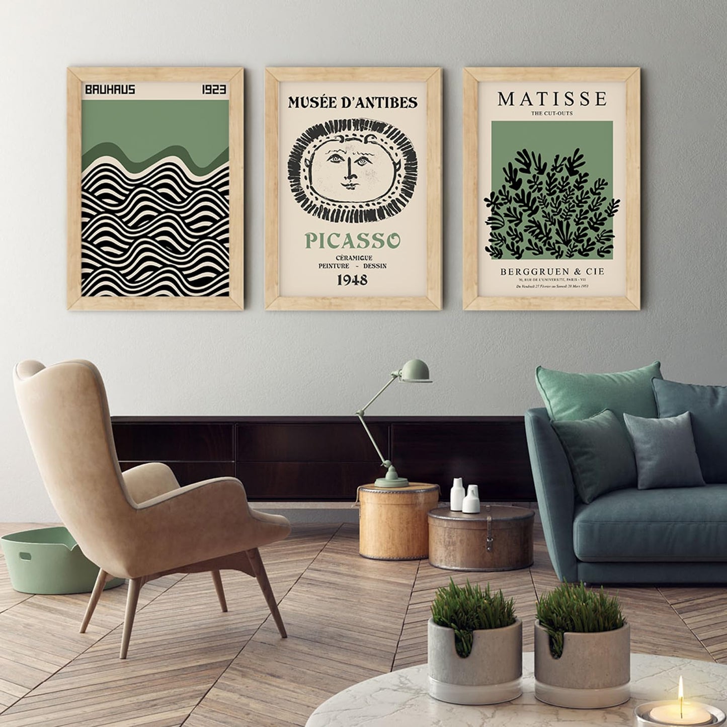Picasso Matisse Bauhaus Canvas Wall Art Prints Set of 3 Sage Green Modern Minimalist Large Wall Decor Picture Aesthetic Art Paintings Posters for Gallery Bedroom Living Room Decor 16x24 inch Unframed