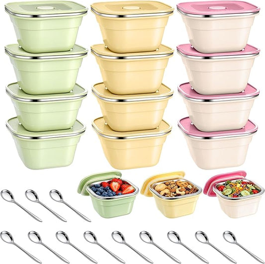 Teecyhooo 12 Pack Stainless Steel Snack Containers with Airtight Lids and Spoons, 13 oz Reusable Leak-proof Small Snack Lunch Box Food Storage Deli Containers for Fruit, Oats, Cookies, Meal Prep