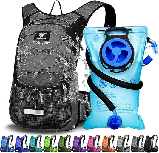 Mothybot Insulated Hydration Backpack Pack with 3L BPA Free Leak Proof Water Bladder, Large Storage Lightweight Hiking Daypack with Waist Pouches & Cooler Layer, for Running, Biking, Camping, Festival