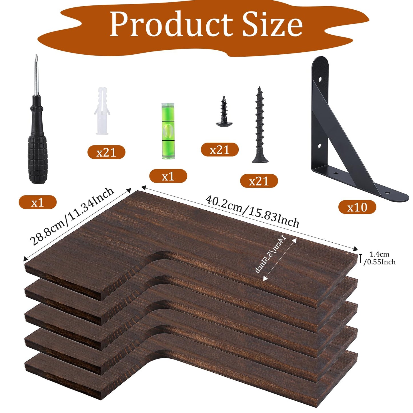 CACASO 5 Pack Floating Shelves, Rustic Wood Wall Storage Corner Shelf, Wall Mounted Wood Shelves for Office, Home Decor, Bathroom, Kitchen(Dark Brown)
