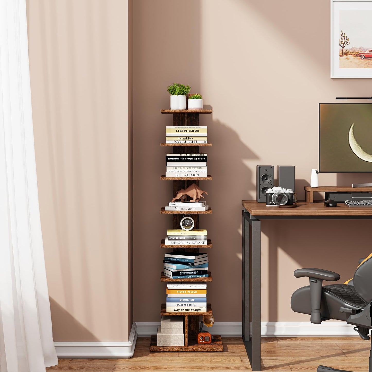 TUTOTAK Narrow Bookshelf, 8-Tier Bookcase, Spine Book Shelf for Small Space, Corner Standing Shelf for Living Room, Office, Study, Entryway, Rustic Brown BS06BB008