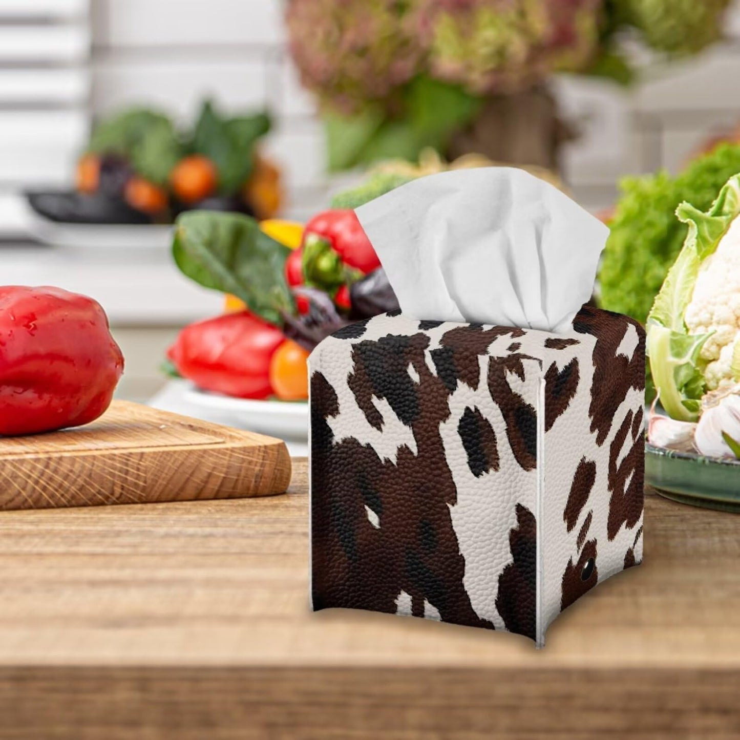 Pzuqiu Cowhide Print Tissue Box Cover Modern Square Tissue Box Organizer Decorative PU Leather Facial Paper Holder for Bathroom Vanity Countertop Bedroom Dresser Office Desk