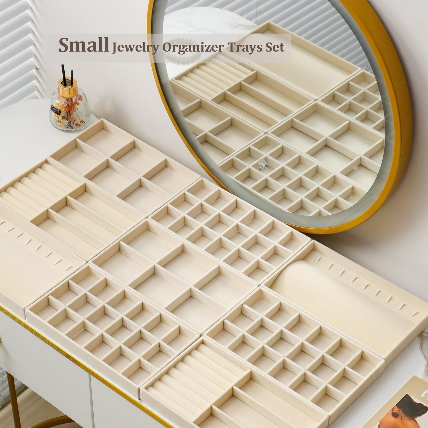 SPAKOWN Jewelry Trays Organizer for Drawer, 9 Set of Small Jewelry Display Case Storage Velvet Stackable Drawer Inserts Organizer for Necklaces Bracelets Earrings Rings (Beige)
