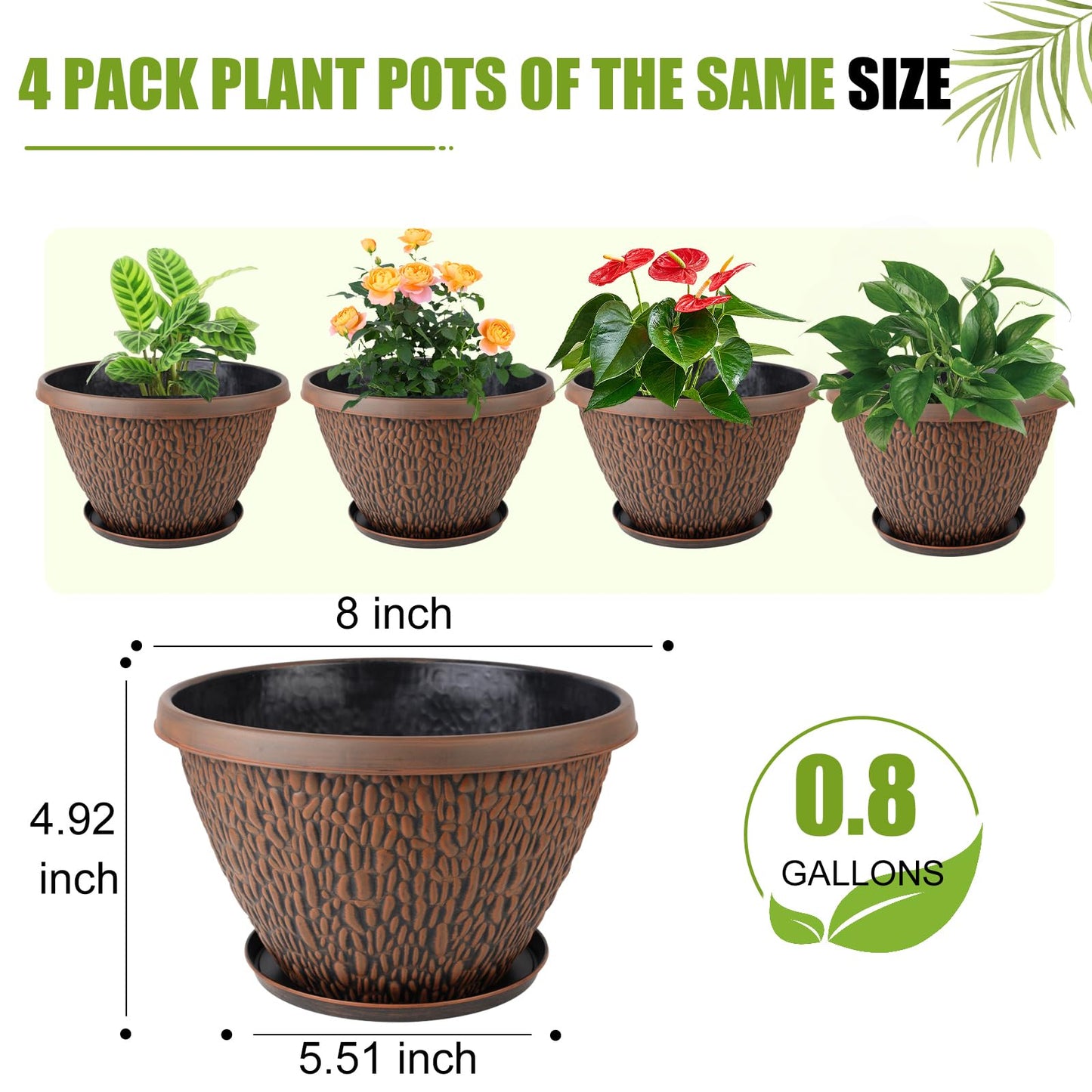 Nooulap 4 Pack 8 Inch Plant Pots Outdoor Indoor, Small Flower Pots with Drainage Hole & Tray, Thickened Plastic Outdoor Planters for Garden House Decor