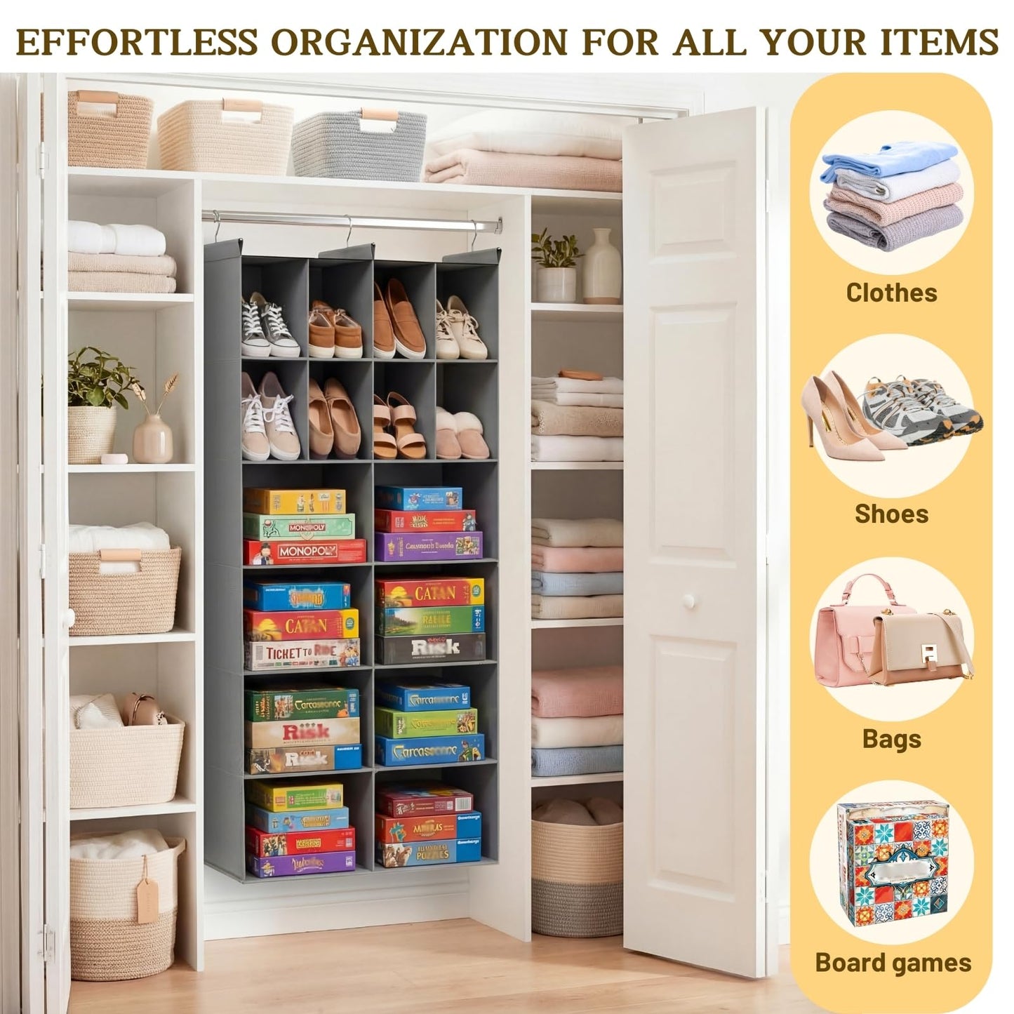 Ofiray-home 6 Tier Hanging Closet Organizer, 16 Compartments Sweater Organizer for Closet with 3 Sturdy Hooks, Closet Organizers and Storage, Wardrobe, Rv, Garment Rack, Grey