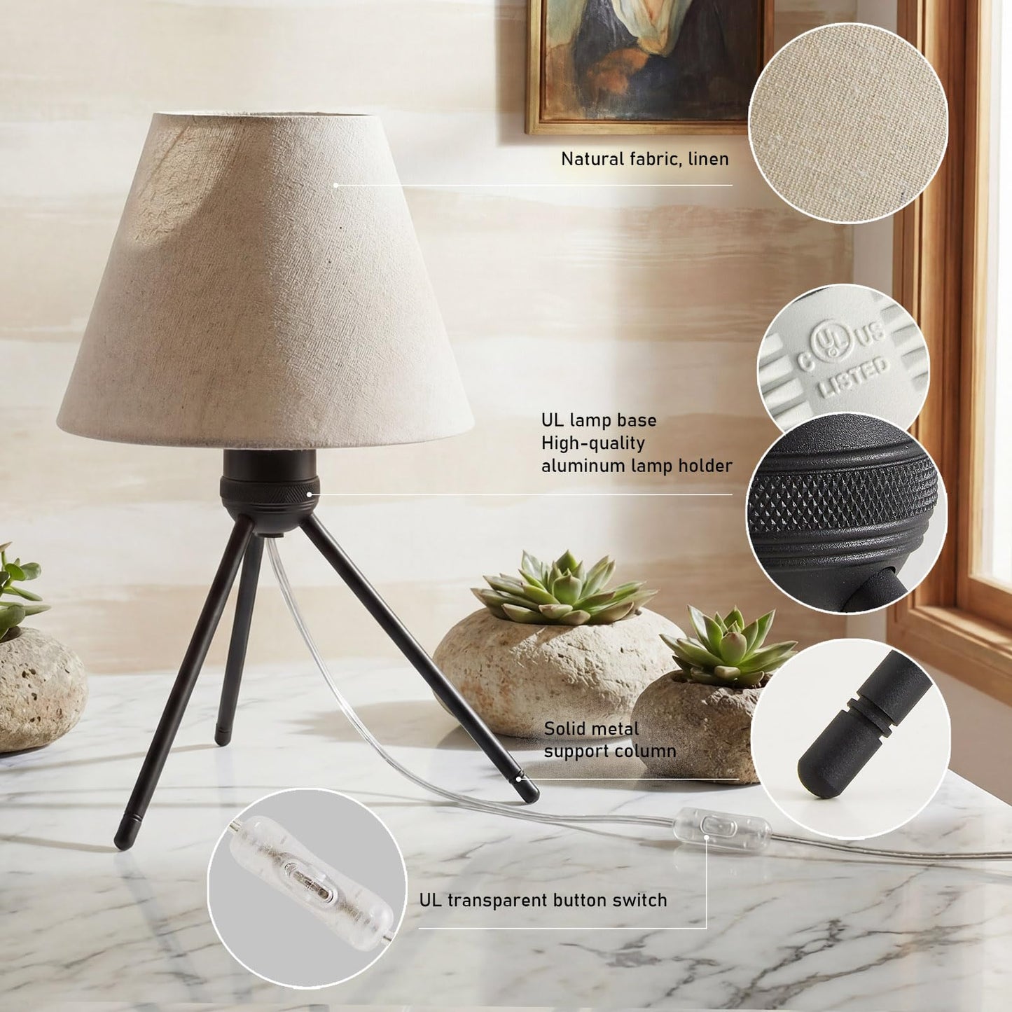 PSDSSHIIS Modern Table Lamp Small Bedside Lamp Metal Linen 13.8 Inches, Soft Light (3000K), Simple Style Design, Button Switch, Suitable for Nightstand Bedroom Lamp, Study and Dormitory (Sand Black)