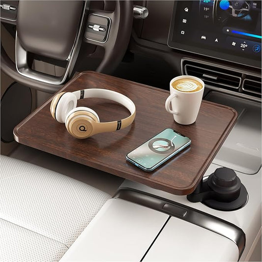 AXVLU Car Desk for Laptop, Cup Holder Table with 360° Rotation - Wooden Car Laptop Mount, Car Table & Car Food Tray Compatible with Tesla Model Y/3/S & Most Vehicles