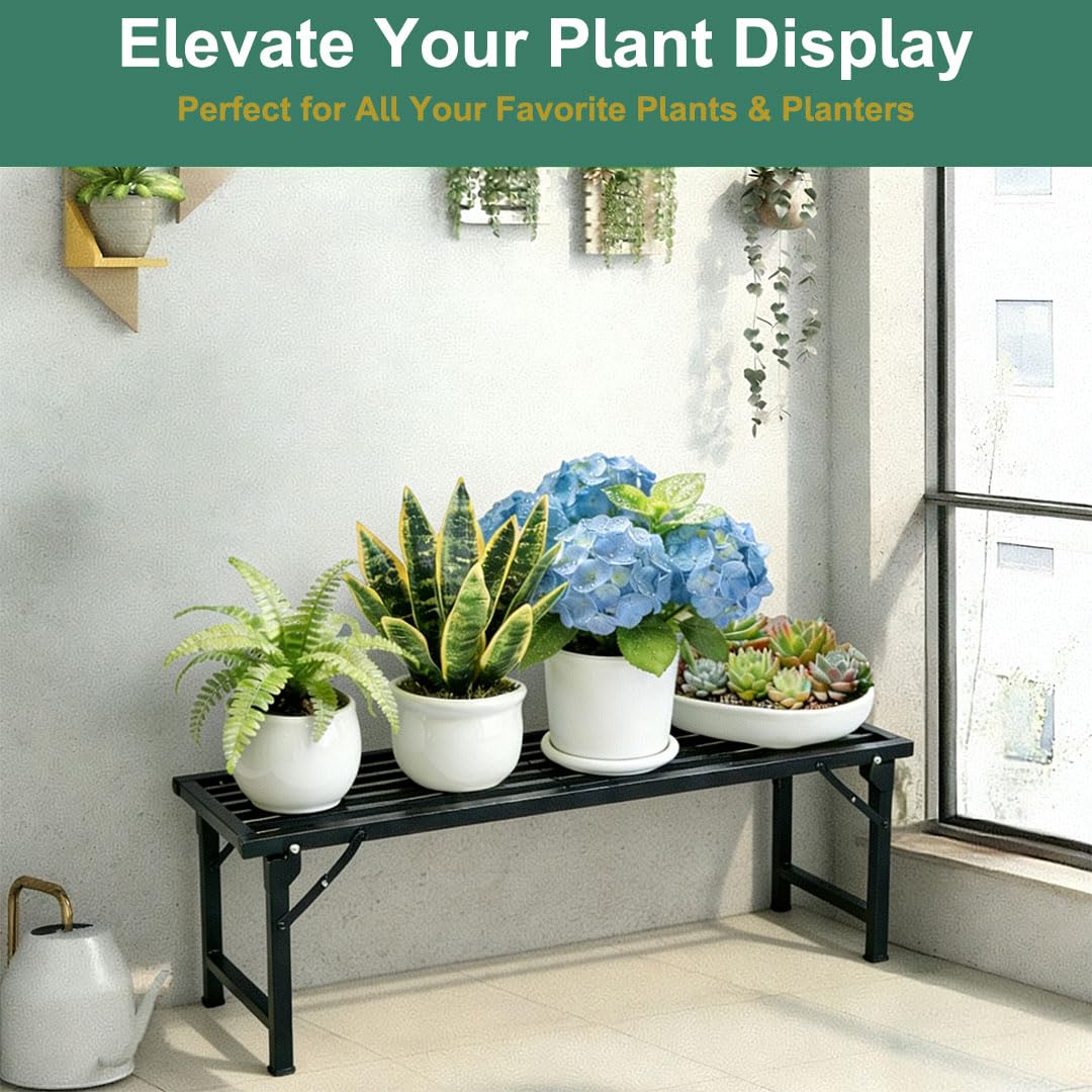 Foldable Plant Stand, No Assembly Heavy Duty Iron Plant Shelf, Rustproof Single Tier Plant Rack for Indoor Outdoor, Long Narrow Flower Stand for Patio Balcony Garden Living Room, 33" L x 9.7" W x 11.7" H