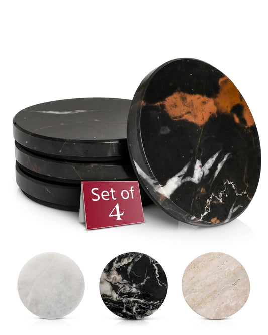 Gusto Nostro Black Marble Coasters Set of 4 - Luxury Natural Stone Coasters for Drinks - Genuine Marble Kitchen Accessories, Round Artisanal Stone Coaster for Kitchen Counter, Coffee Table, Home Decor