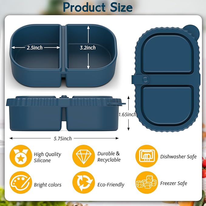 ICEROYCE 3 Pack Reusable Silicone Snack Containers with Lids, Meal Prep Containers 2 Compartments, Portable Silicone Food Storage Box for Picnic, Lunch, Office (3)