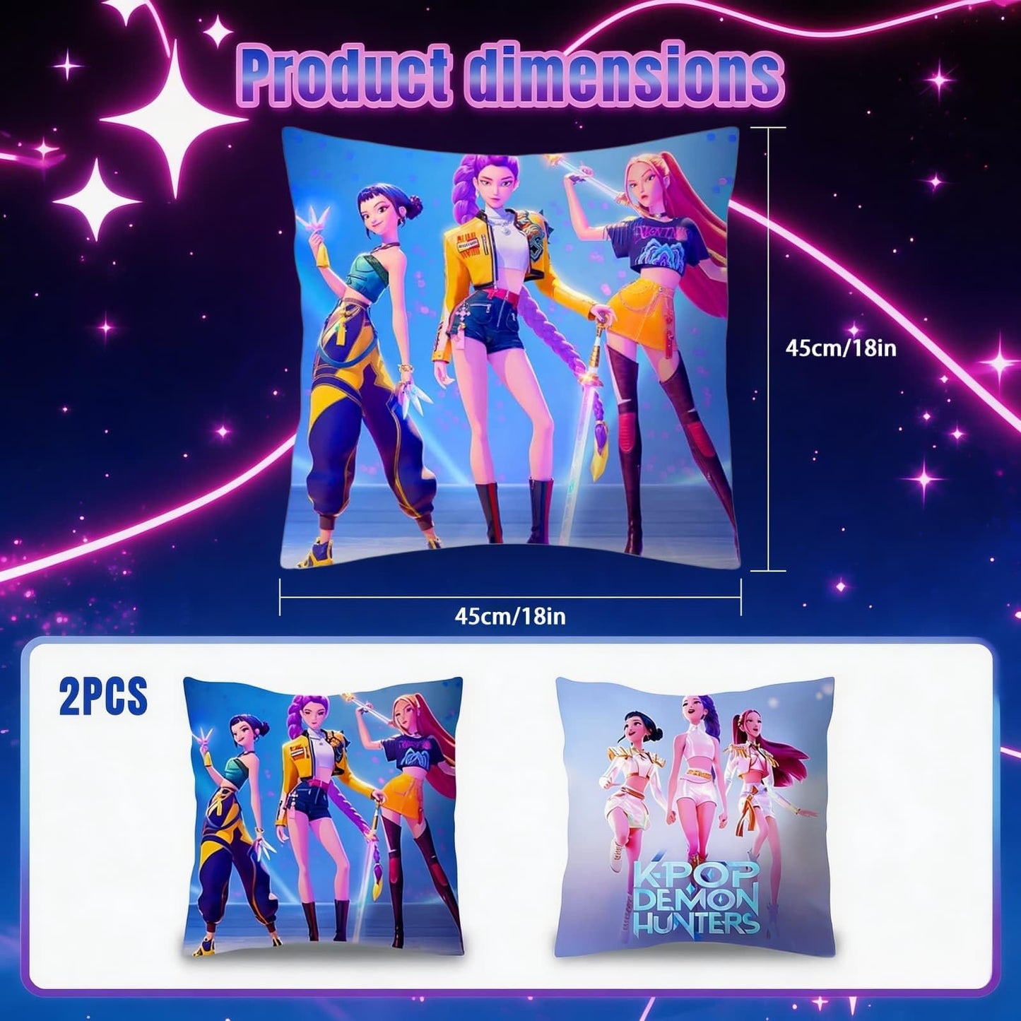 GISEO Demon Movie Hunters Pillow Covers, 2 Pack 18" x 18" Korea Pop Unique Designs Decorative Throw Pillow Cases for Themed Parties & Room Decor