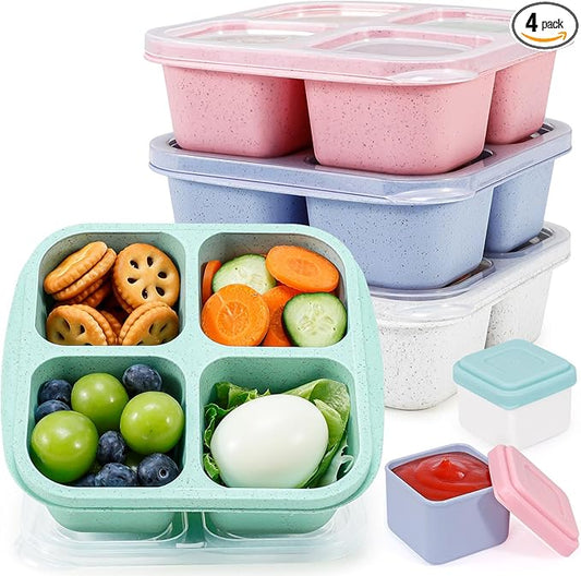 Caperci 4 Pack Bento Snack Boxes Lunchable Containers for Kids & Adults, Wheat Straw 4-Compartment Reusable Food Storage Containers for Snacks & Small Meal (Multicolor & Clear Lids)