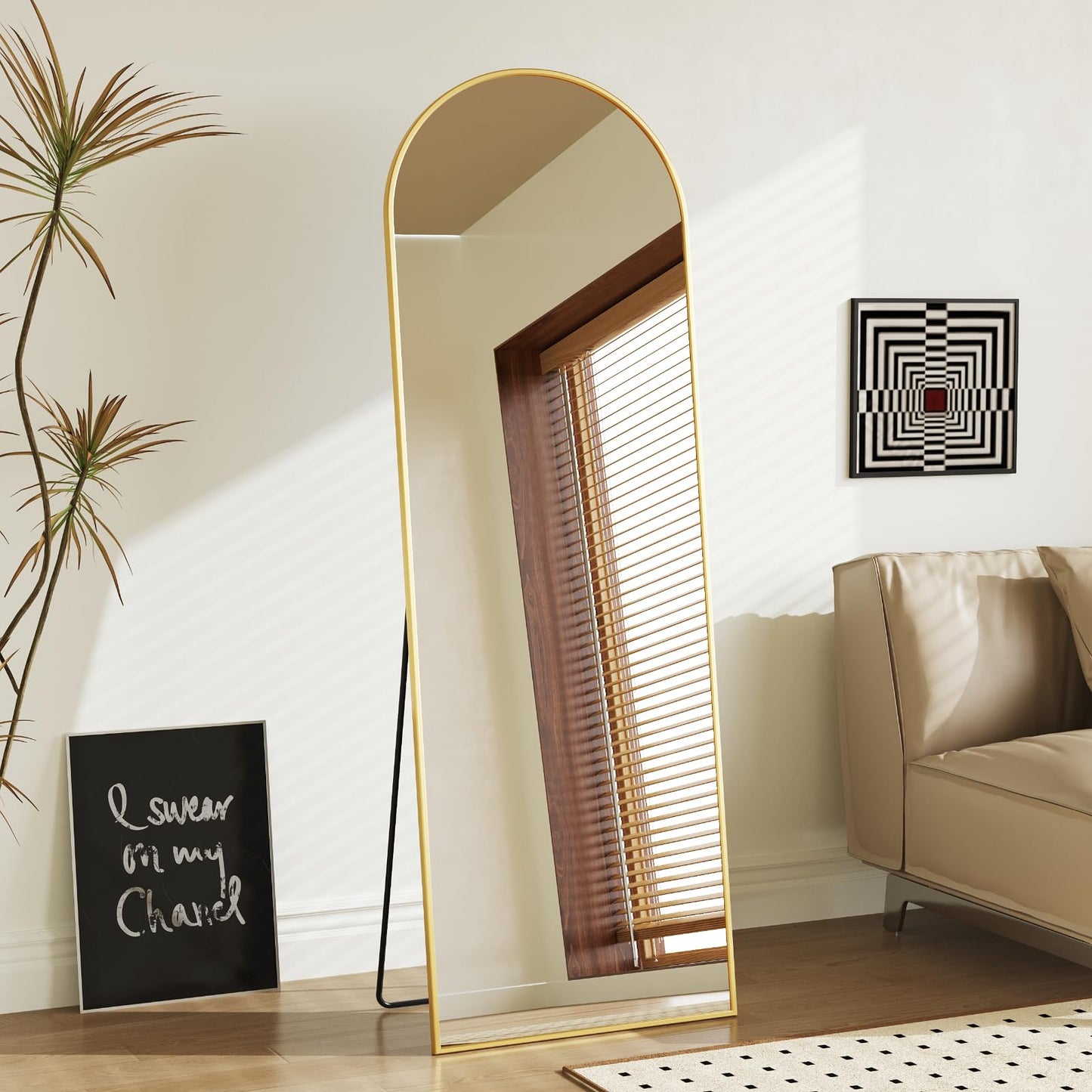 DUMOS Arched Full Length Mirror with Stand Floor Free Standing Aluminum Frame for Bedroom Body Hanging Leaning Modern Simple Home Decor Shatter-proorf Nano Glass Wall Gold 58"x19"