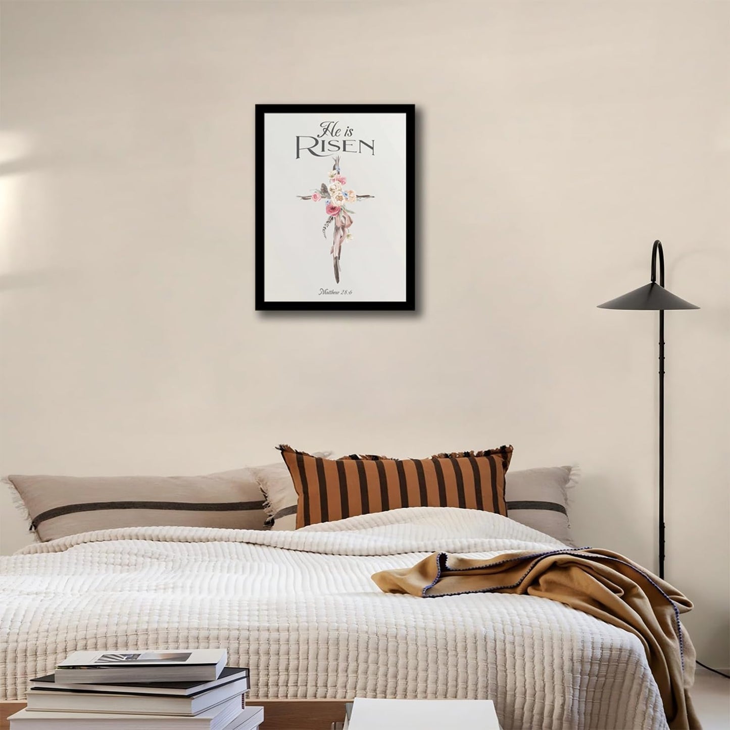 dzbLuck Christian Wall Art He Is Risen Canvas Print, Floral Cross Artwork with Bible Verse Matthew 28:6, Religious Wall Decor for Living Room Bedroom Church Home 12x16 Inch