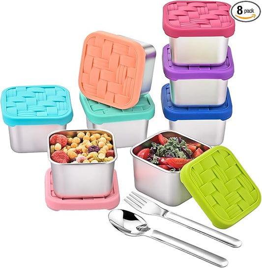 Ryrokxivi 8PC 6oz Stainless Steel Snack Containers with lids, BPA-Free Metal Kids Snack Cups with Fork and Spoon, Leakproof Lunch Box Containers，Resuable Baby Food Storage Bowl