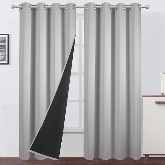 LEMOMO 100% Blackout Curtains 52 x 84 Inch/Light Grey Curtains 2 Panels with Black Lining Room Darkening Thermal Insulated Bedroom Curtains