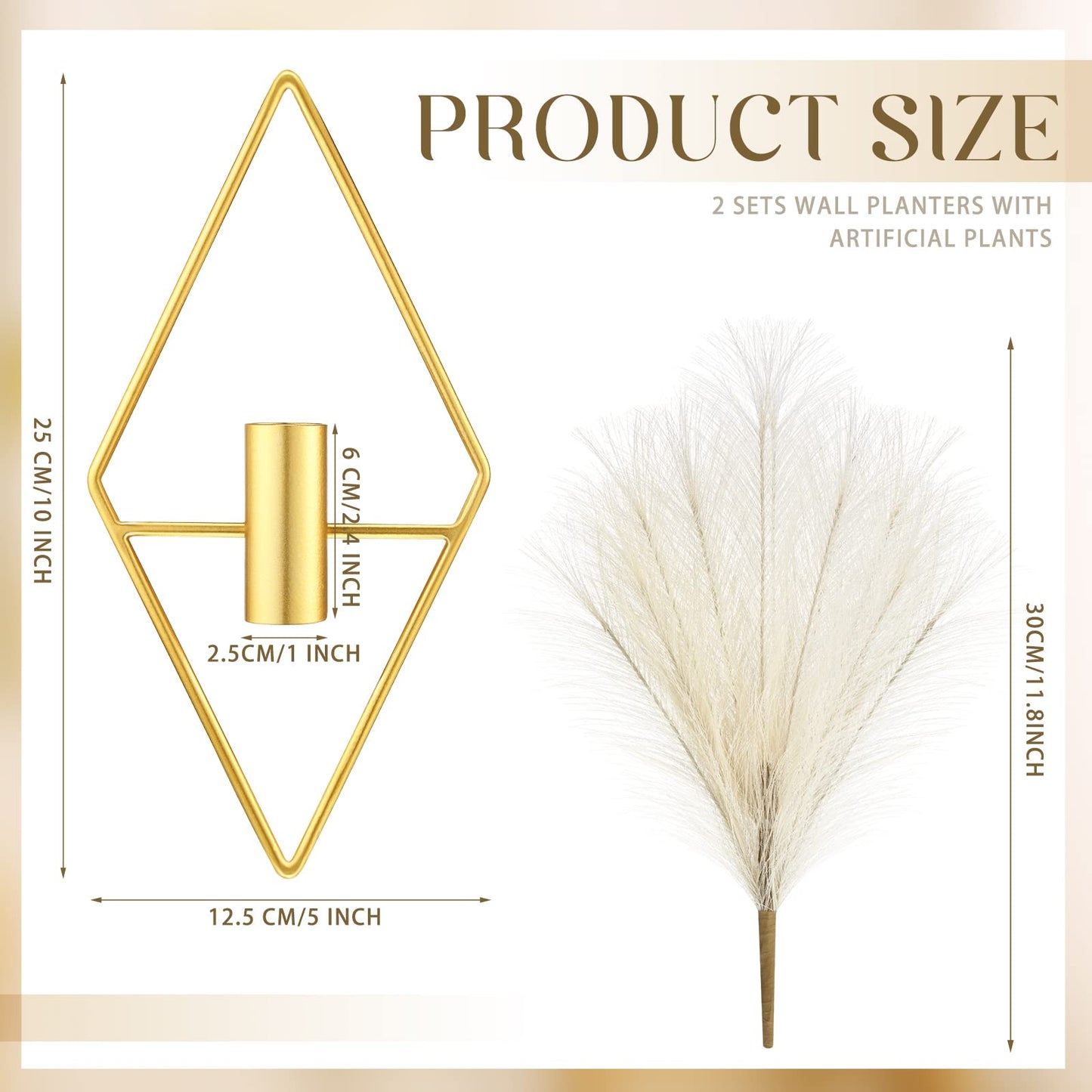 Peryiter 2 Pcs Boho Wall Decor Metal Gold Wall Art Hanging Planters with Artificial Pampas Modern Home Decor Display Art for Living Room Bedroom Bathroom(Rhombus)