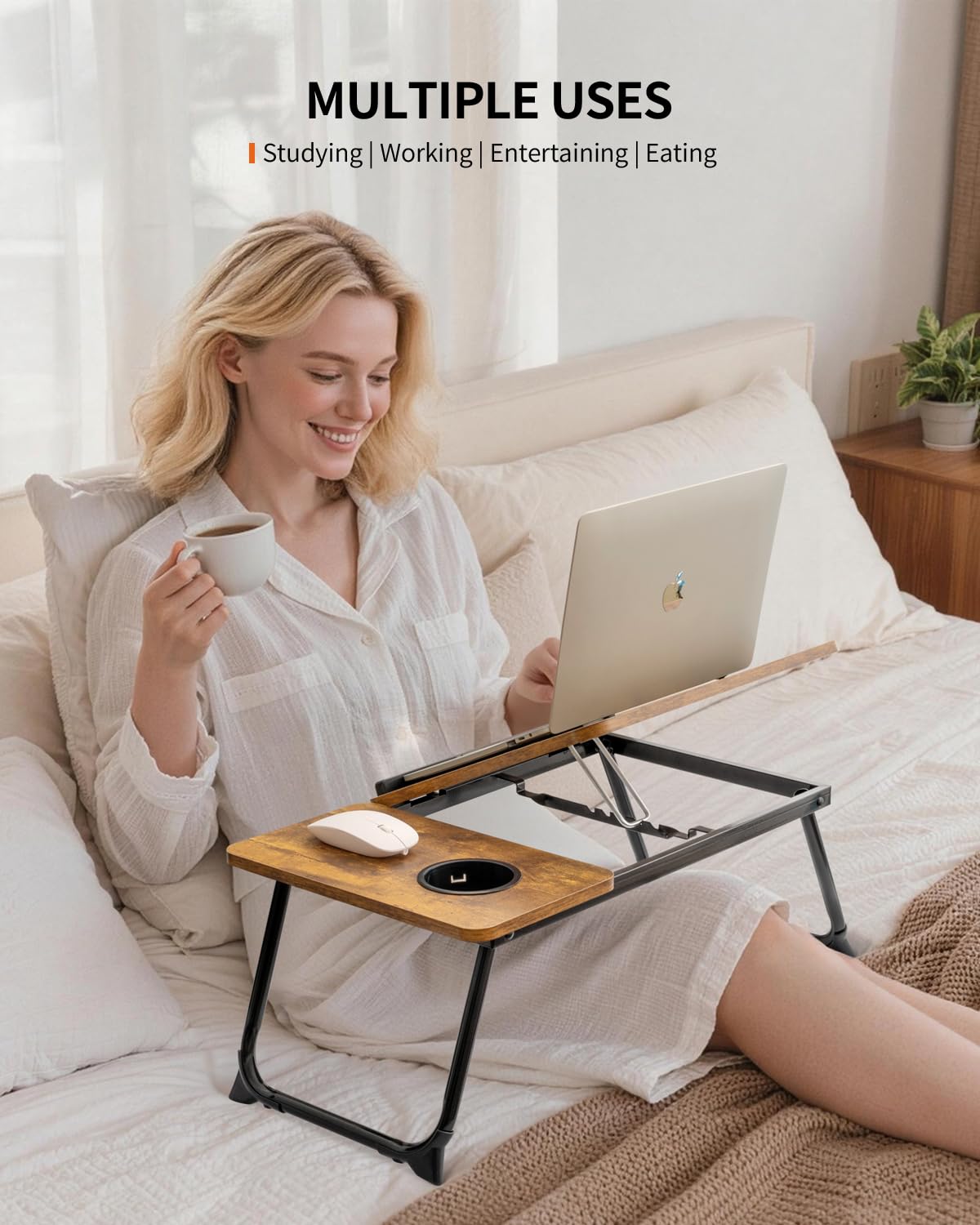 FISYOD Foldable Laptop Desk for Bed Couch, Adjustable Split Lap Desk with Cup Holder, Portable Lightweight Bed Table Tray, Heavy-Duty Laptop Stand for Working, Writing, Reading and Eating - Brown