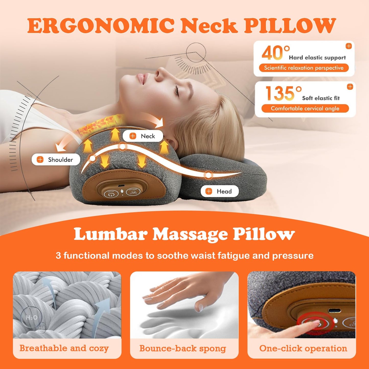 ALIALAVESTA Neck Massage Pillow, 3-in-1 Neck Massager, Traction Massage with Heat, Neck Pillow for Shoulder Pain, Ergonomic Pillow Design for Daily Comfort at Home or Office(Gray)