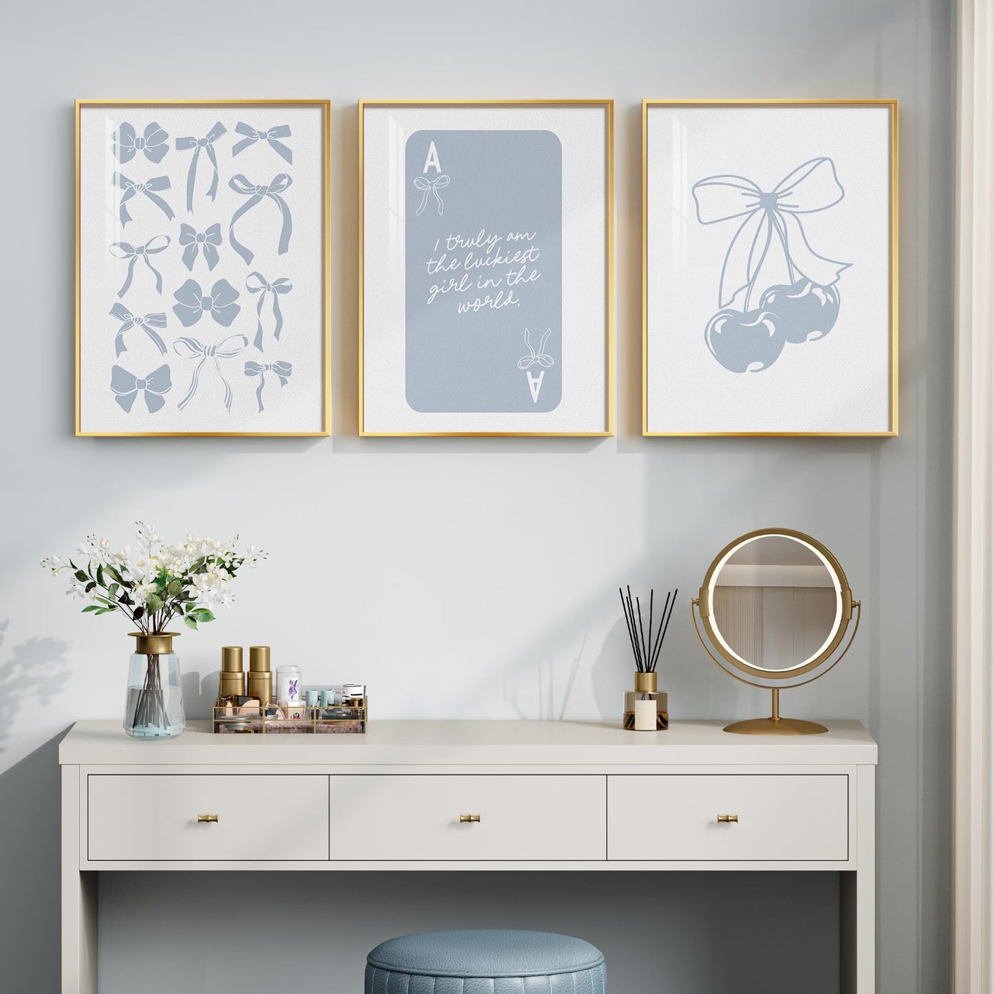 Framed Preppy Blue Wall Art for Room Decor, 3 Piece Bow Cherry Girly Artwork for Walls, Cute Aesthetic Blue Canvas Prints for Girls Bedroom Living Room Girly Room Apartment Wall Decor, 12x16 Inch