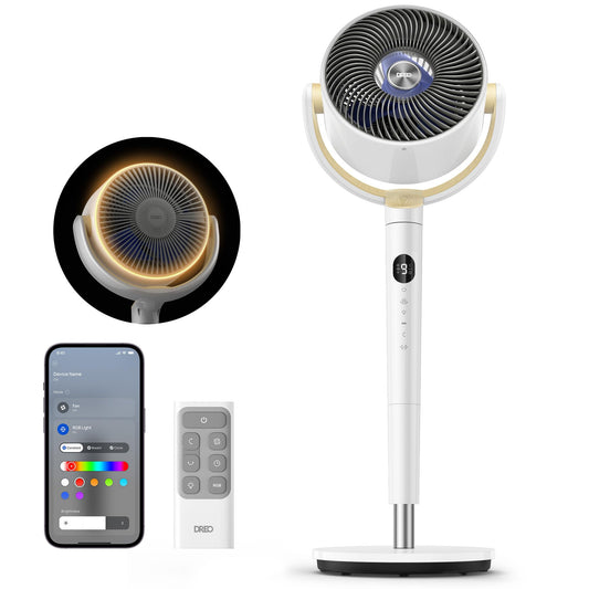 DREO Smart Fan for Bedroom, 120° +120° Omni-Directional Oscillating Fans, 100ft Quiet Pedestal Fan with RGB Light, 9 Speeds, 6 Modes, 20dB, 8H Timer, Wi-Fi/Voice/Alexa, 35-40" Floor Fans with Remote