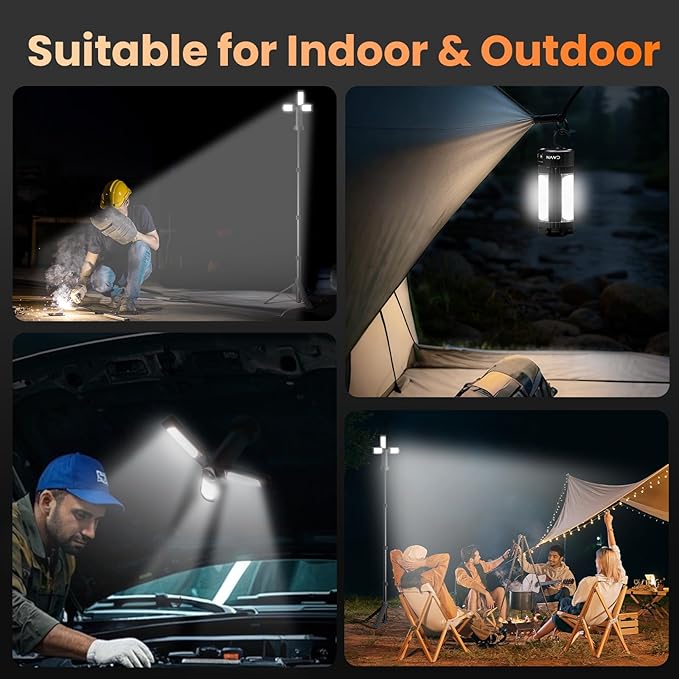 CAVN Rechargeable Camping Lights with Stand 6.5 ft Max Height, Portable Cordless LED Work Light 2200 Lumens 6500/4500/3500K Dimmable Camping Essentials Gear with Detachable Tripod, Black