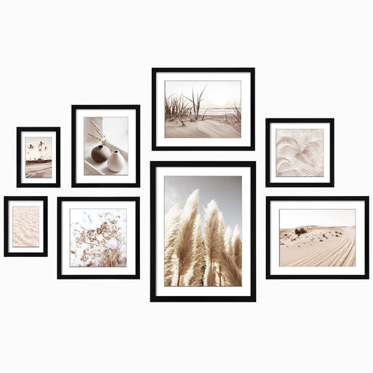 ArtbyHannah Gallery Wall Frame Set, 8 Pack Picture Frames Collage Wall Decor with Neutral Pampas Grass Art for Living Room, Assorted Size Including 11"x14", 8"x10", 5"x7"(Black Frame)