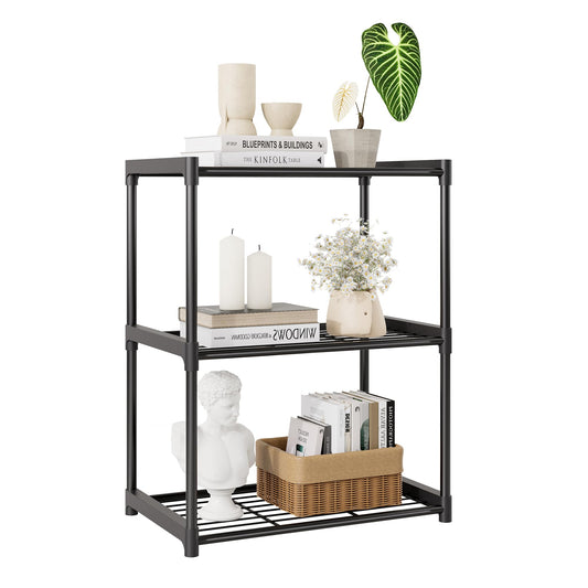 Tujurich 3-Tier Storage Shelves with Plastic Connectors – Metal Shelf Organizer for Pantry, Closet & Bathroom, Space-Saving Sturdy Shelving Unit Rack, Black, 17.3" x 12.8" x 28.9"