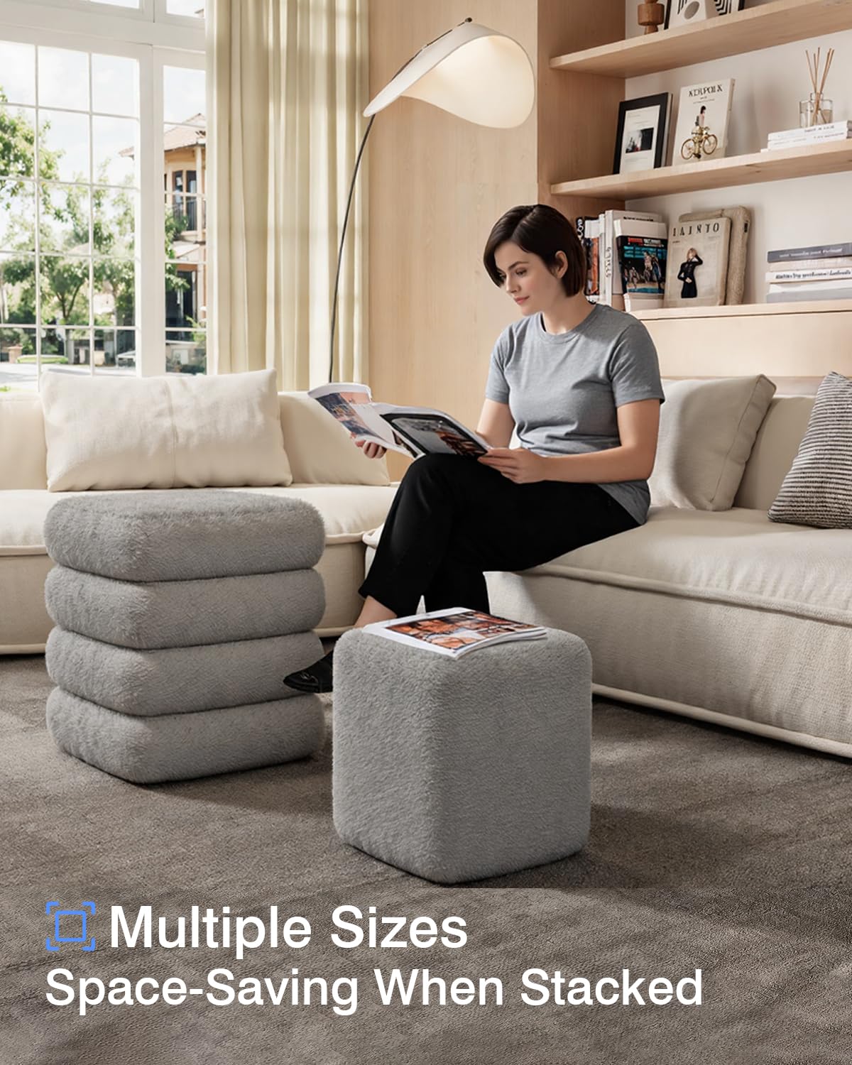ABHENG Square Set of 2 Sherpa Storage Ottoman Stool with Removeable lid,Load up to 440 lbs Footstool, Boucle Vanity Stool for Livingroom Bedroom Gray UASND69G