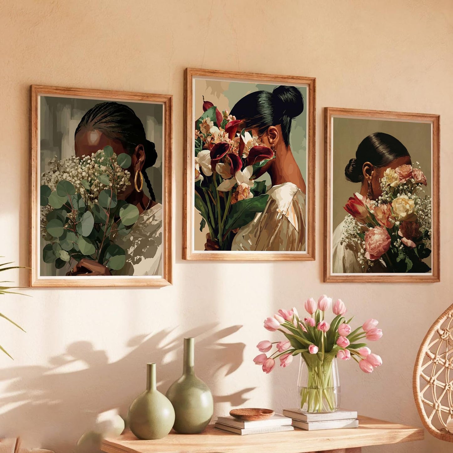 Black Woman Flower Wall Art Set of 3 African American Woman Canvas Wall Decor Black Girl Canvas Posters Trendy Boho Artwork Aesthetics Prints for Home Bedroom Living Room Dorm 12x16 Inch, Unframed