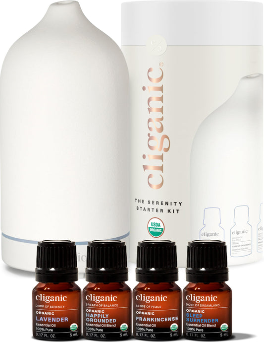 Cliganic Serenity Essential Oils Diffuser Set – Aromatherapy Humidifier with LED for Home, Office & Bedroom Includes Frankincense, Lavender, Grounded & Sleep Essential Oils Christmas Gift Kit