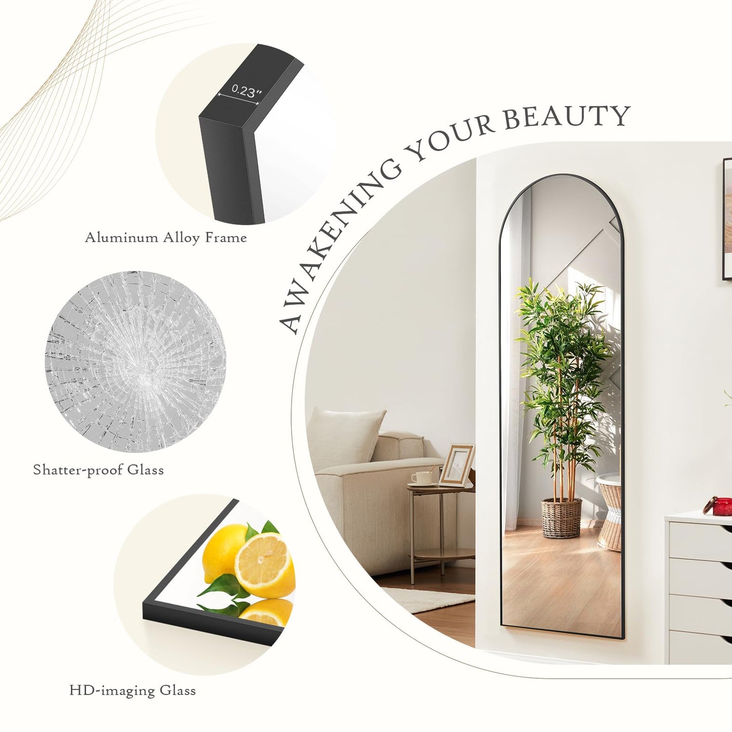 Aidoly Arched Mirror Full Length, Upgraded 21"x64" Body Wall Mirrors with Shatter-Proof Glass, Floor Standing, Hanging or Leaning, Tall Arch Mirror with Stand Aluminum Alloy Frame for Bedroom, Gold