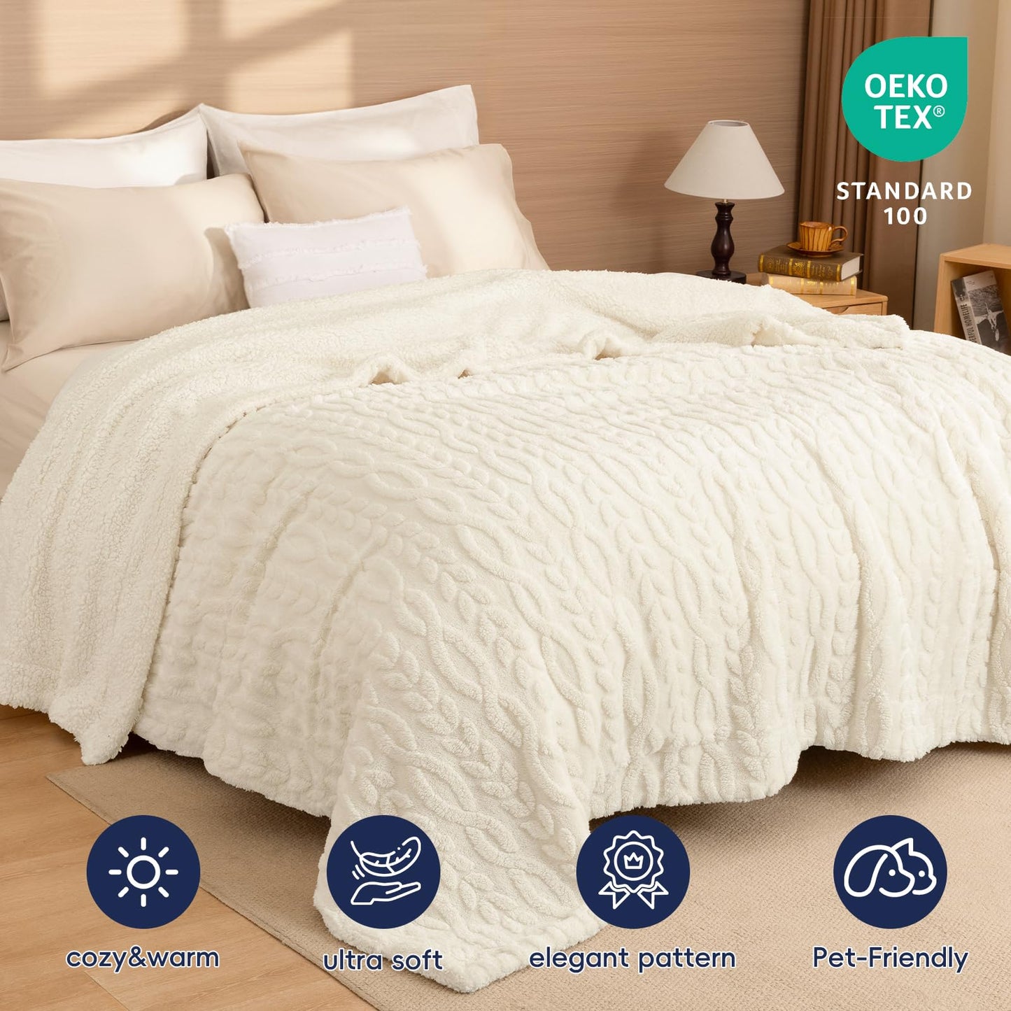 PHF Fluffy Sherpa Blanket Queen Size for Winter, Warm and Soft, 510GSM 3D Jacquard Thick Shaggy Fleece Plush Blanket for Sofa Bed, Cream, 90"x90"
