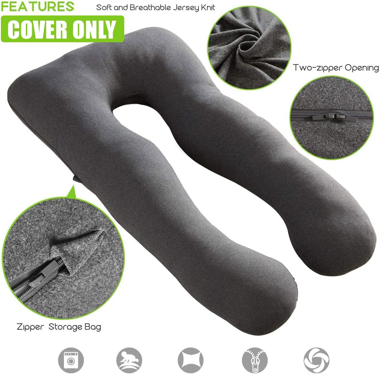 COSMOPLUS 𝐏𝐫𝐞𝐠𝐧𝐚𝐧𝐜𝐲 𝐏𝐢𝐥𝐥𝐨𝐰 𝐂𝐨𝐯𝐞𝐫 U Shaped Full Body Pillow Case 𝐂𝐨𝐯𝐞𝐫 for Maternity,Stretchy Cool Breathable Jersey Fabric, Provides Sleep and Pregnancy Support,Heather Grey