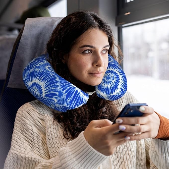 Support Neck Pillow for Youth Travel, Washable Airplane Chin Supporting and Relax U Shaped Pillows Blue Tie Dye