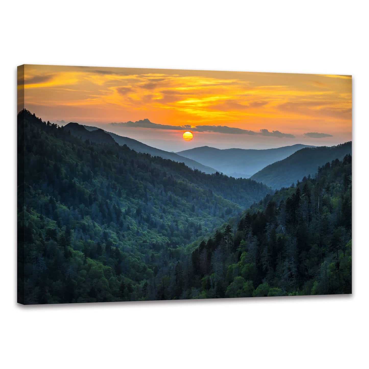 Forest Sunrise Wall Art Decor Great Smoky Mountains Photo Prints National Park Landscape Canvas Painting Artwork Framed for Bedroom Living Room (24x36 inch)