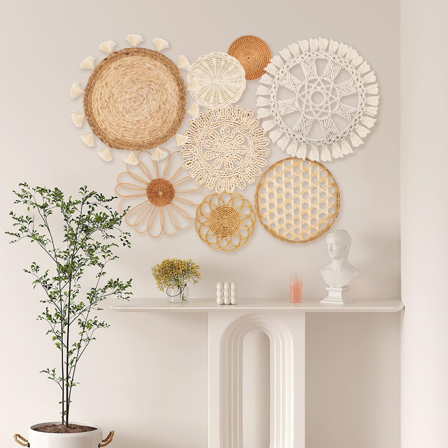 Boho Wall Basket Decor Set of 8 - Flat Woven Basket Wall Hanging Decor,Round Tassels White Macrame Tapestry Wall Decor Art,Handmade Rattan Wicker Seagrass Home Wall Baskets Decor（Boho Classic)