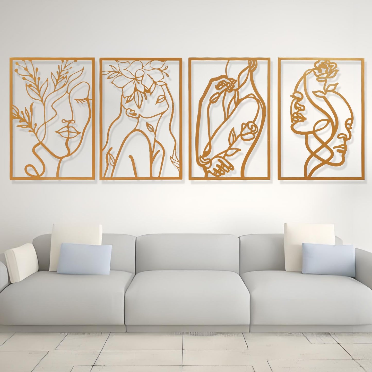 AMAATE Modern abstract wall decoration set, black metal hollow hanging paintings, 4 geometric designs for living room home decoration (Art Deco, Gold - Face Shape, 11" X 14.6" in)