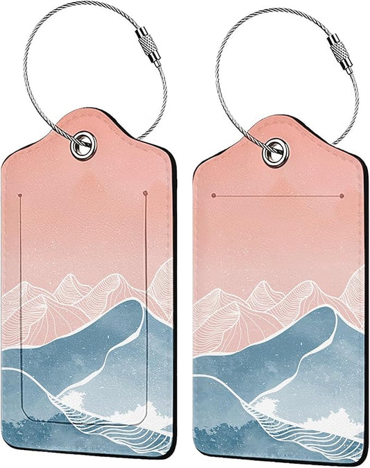 Mountain with Line Art 2 Pcs Luggage Tags,Privacy Cover ID Label with Stainless Steel Loop and Address Card for Travel Bag Suitcase