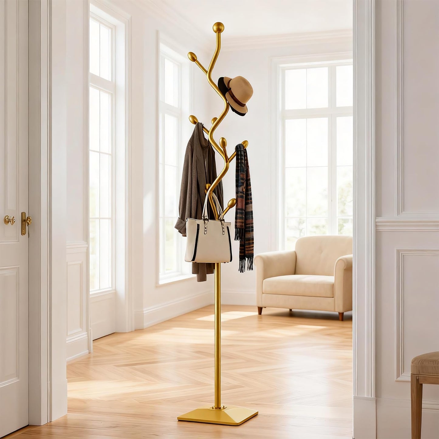 ZEYEXE Gold coat rack,Coat Tree Freestanding heavy duty with 8 Hooks and Sturdy Metal Base for Coat Hats Purses,Tree-shaped Coat Stand for Entryway,Bedroom