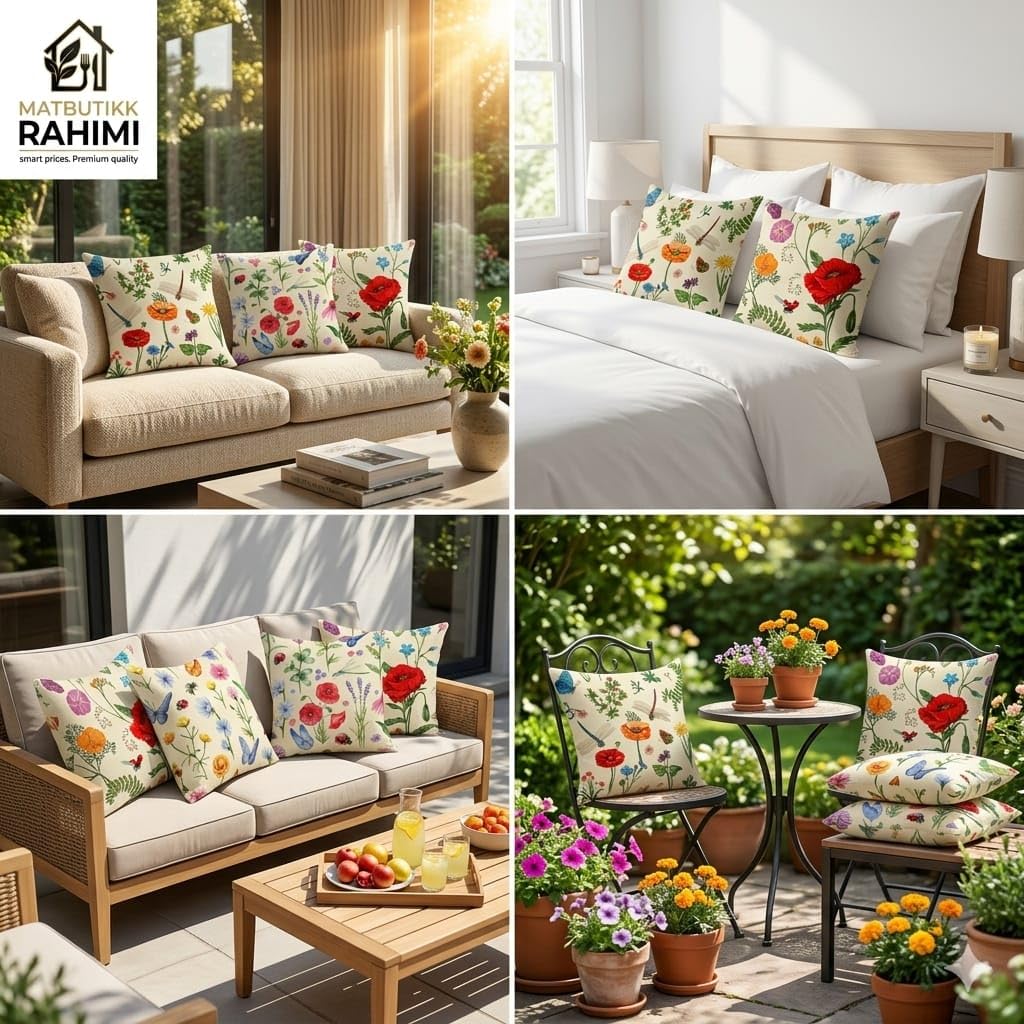 Matbutikk Rahimi Floral Throw Pillow Covers Set of 4, 18x18 Inch, Pillow Covers, Linen Cushion Covers with Hidden Zipper, Soft Decorative Farmhouse Pillow Covers for Sofa Couch Bedroom Living Room