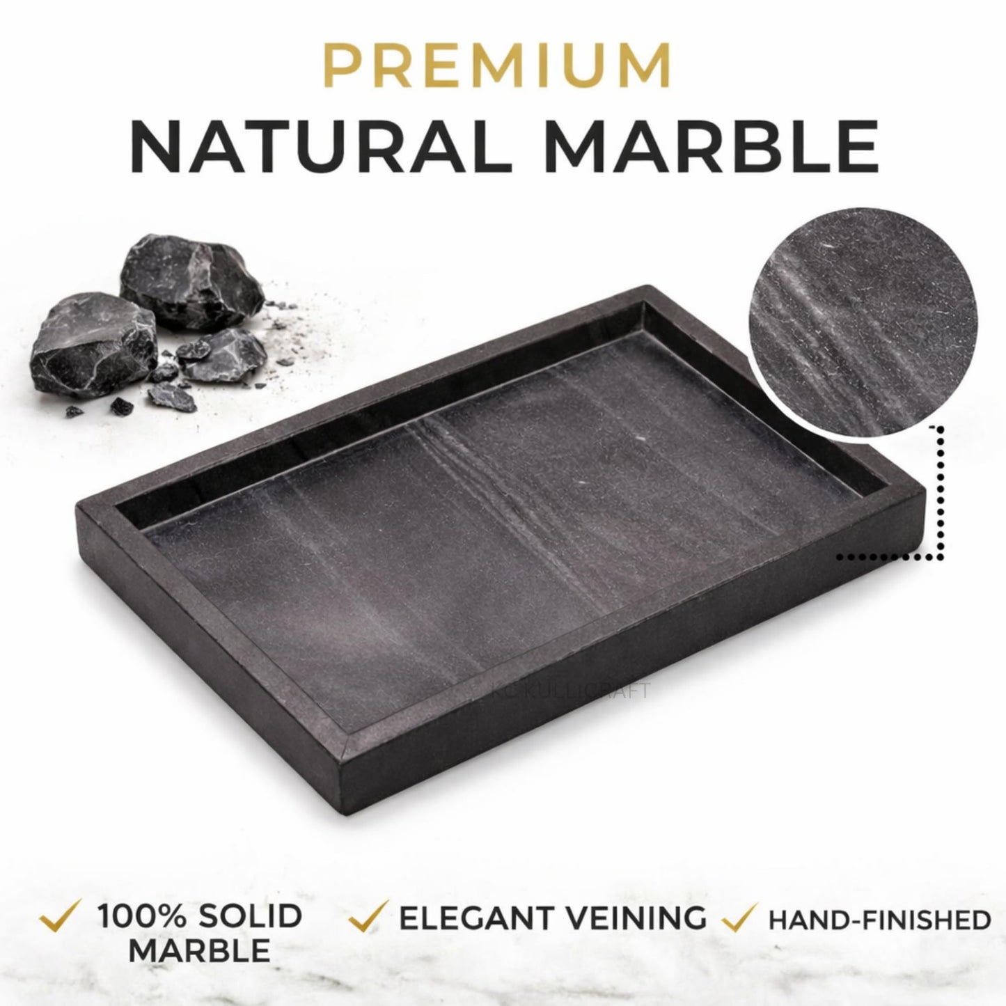 KC KULLICRAFT Natural Marble Tray, Black, 12" x 8", Rectangular