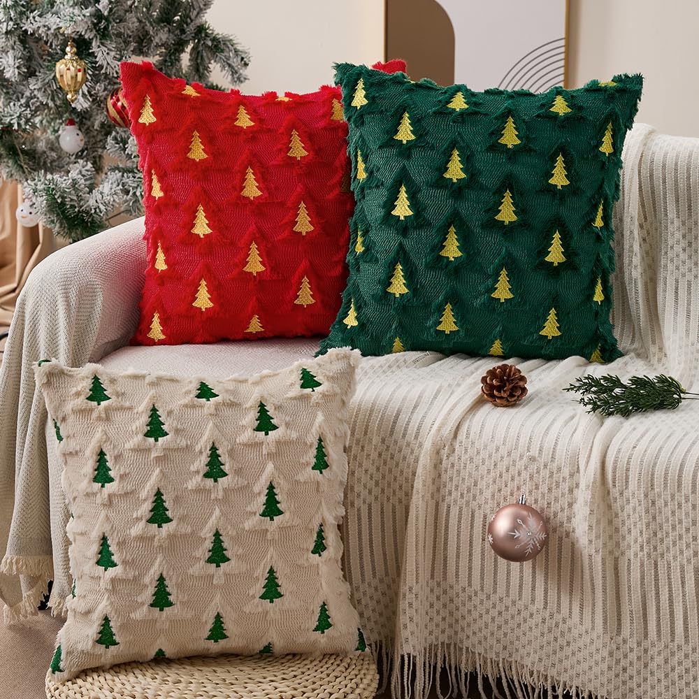 Allorry Christmas Pillow Covers 16x16 Set of 2 Beige Double Xmas Tree Pillow Covers Soft Plush Faux Fur Christmas Decorations for Xmas Winter Holiday Home Bedroom Sofa Cushion Cases PT-008C16